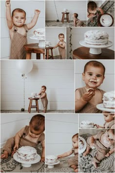 a collage of photos shows a baby eating cake