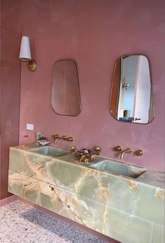 Bathroom With Pink Tub And Sink, Tile On Bedroom Wall, Pink Zellige Bathroom, Modern Maximalist Bathroom, Colorful Bathroom Tiles, Vintage Eclectic Color Palette, Green Limewash Bathroom, Post Modern Aesthetic, Camilla And Julie Lorentzen House