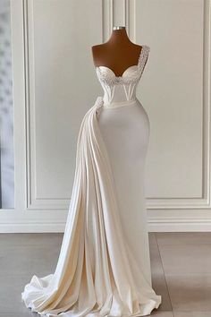 One Shoulder Off White Wedding Dresses, Beading Wedding Ivory Wedding Dress Mermaid, Ivory Bridal Gown, Ivory Wedding Gown, Satin Mermaid Wedding Dress, Wedding Dresses Mermaid Sweetheart, Prom Dress With Train, Pearl Wedding Dress, Evening Dress Long