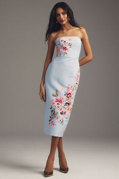 Sachin & Babi Stretch Taffeta Column Midi Dress Wedding Guest Dress Chic, Tea Length Wedding Guest Dress, Beach Wedding Guest Dress Summer Classy, Cocktail Dresses For Women Over 50, Wedding Cocktail Attire For Women, Classy Wedding Guest Dress, Blue Floral Cocktail Dress, Floral Formal Dress, Midi Wedding Guest Dress