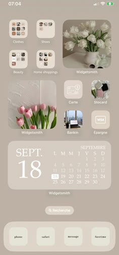 a calendar with flowers on it and the date for each month in white, pink and grey