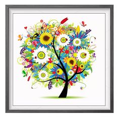 a colorful tree with lots of flowers and birds on it's branches is featured in this