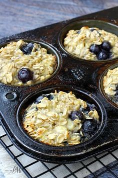 blueberry oatmeal muffins in a baking pan