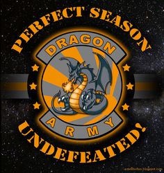 the perfect season dragon army logo on a black background with yellow stars and an orange star