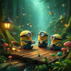 three minion characters sitting on a wooden platform in the middle of a green forest