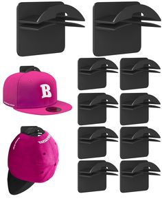 six different hats, one black and one pink with the letter b in white on it