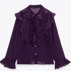 Semi-Sheer Blouse With High Tied Collar And Long Sleeves. Ruffled Trim. Front Button Closure. Purple 3666/195 #Fi Light Purple Shirt, Blouse With Ruffles, Spring Capsule, Wardrobe Wishlist, Birthday Stuff, Spring Capsule Wardrobe, Purple Shirt, Tie Blouse, Sheer Blouse