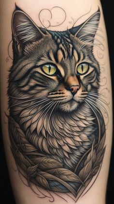 a close up of a cat's face on a woman's leg with tattoos