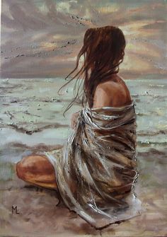 a painting of a woman sitting on the beach with her hair blowing in the wind