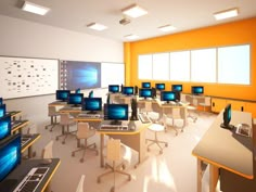 a classroom with desks and computers in it