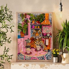 a painting of a tiger sitting on top of a table next to a potted plant