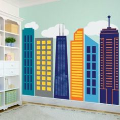 the city skyline is painted in blue, yellow and red