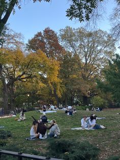 many people are sitting on the grass in a park