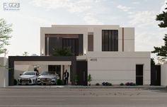 two cars are parked in front of a modern house with white walls and black trim