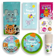 children's birthday party supplies including plates, napkins and cups with cartoon animals