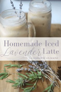 homemade iced lavender latte recipe on a cutting board with herbs and powder in mason jars