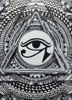 an all seeing eye in the center of a black and white pattern with triangles around it