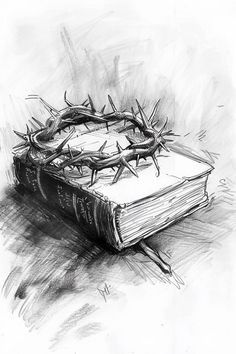 a drawing of a book with a crown of thorns on top