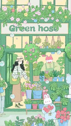 an illustration of a woman standing in front of a green house with potted plants