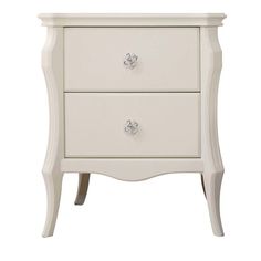 a white nightstand with two drawers on the bottom and one drawer open to reveal something