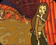 an animated image of a woman standing in front of a tunnel with animals on it