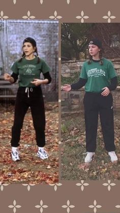 two women in green shirts and black pants are standing on the grass with their hands out