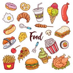 the food icons are grouped together to form a circle on a white background, including hamburgers, fries, hotdogs and other foods