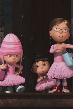 three cartoon characters dressed in pink dresses and hats