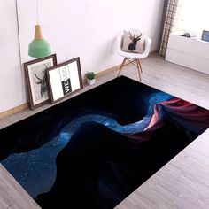 a room with a rug on the floor that has an image of a woman's face