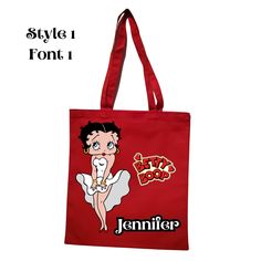 a red tote bag with a cartoon character on it