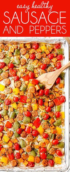 a casserole dish with sausage and peppers