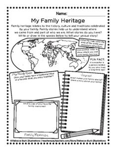 the family heritage worksheet is shown in black and white, with an earth map