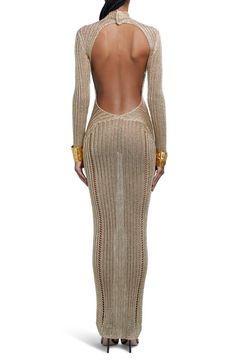 Expensive Stuff, Knit Gown, Hugging Silhouette, Metallic Knit, Metallic Sweater, Pale Gold, Large Buttons, Tall Women, Tom Ford