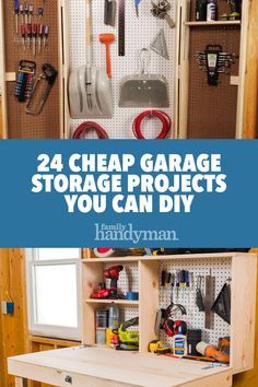 garage storage cabinets with tools hanging on the wall