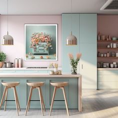 an image of a kitchen setting with flowers on the stove top and two stools