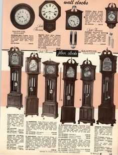 an advertisement for clocks from the early 1900's, showing different styles and sizes