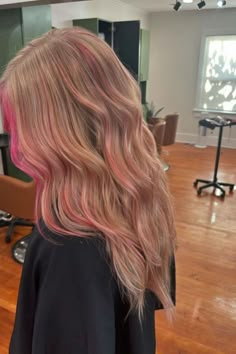 Subtle Pink Highlights On Blonde Hair Cute Pink Highlights, Blonde Hair Dyed Pink, Pink Summer Hair, Barbie Pink Highlights, Blond And Light Pink Hair, Blonde Hair With Pink Curtain Bangs, Hair Color Subtle, Pink Highlights In Light Brown Hair, Colored Highlights For Blondes