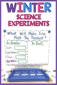 a science experiment board with the words winter and what will make ice melt the fastest?