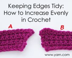 two crocheted squares with the words keeping edges tidy how to increase evenly in crochet