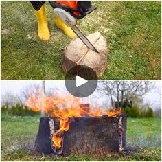 a person in yellow boots chopping firewood with a chainsaw