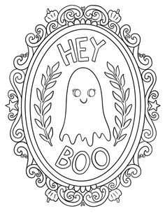 a black and white image with the word hey boo on it, surrounded by an ornate frame