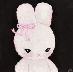 a painting of a white rabbit with a pink ribbon on its head and eyes, sitting in front of a black background