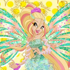 a beautiful blonde fairy with green wings holding a pink and yellow flower in her hand