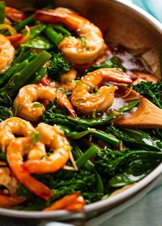 shrimp and broccoli stir fry in a skillet