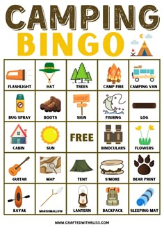 a poster with the words camping bingo on it