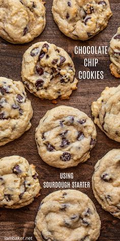 chocolate chip cookies sitting on top of a wooden table