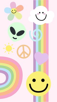 a rainbow background with smiley faces, clouds, and sun in the sky above it