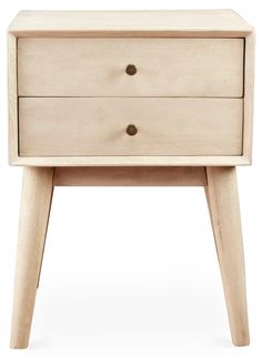 a white nightstand with two drawers on one side and an open drawer on the other