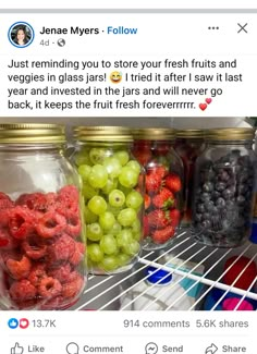 a refrigerator filled with lots of fruit and veggies next to each other on top of a shelf