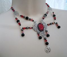 Gothic Rose Pentacle Necklace wiccan jewelry pagan by Sheekydoodle Red Gothic Metal Necklace, Gothic Jewelry Gift, Victorian Metal Choker Jewelry, Victorian Metal Choker Necklace, Adjustable Gothic Beaded Necklace As Gift, Adjustable Gothic Beaded Necklace For Gift, Victorian Style Metal Choker Necklace, Metal Necklaces With Spacer Beads For Gift, Metal Necklace With Spacer Beads For Gift